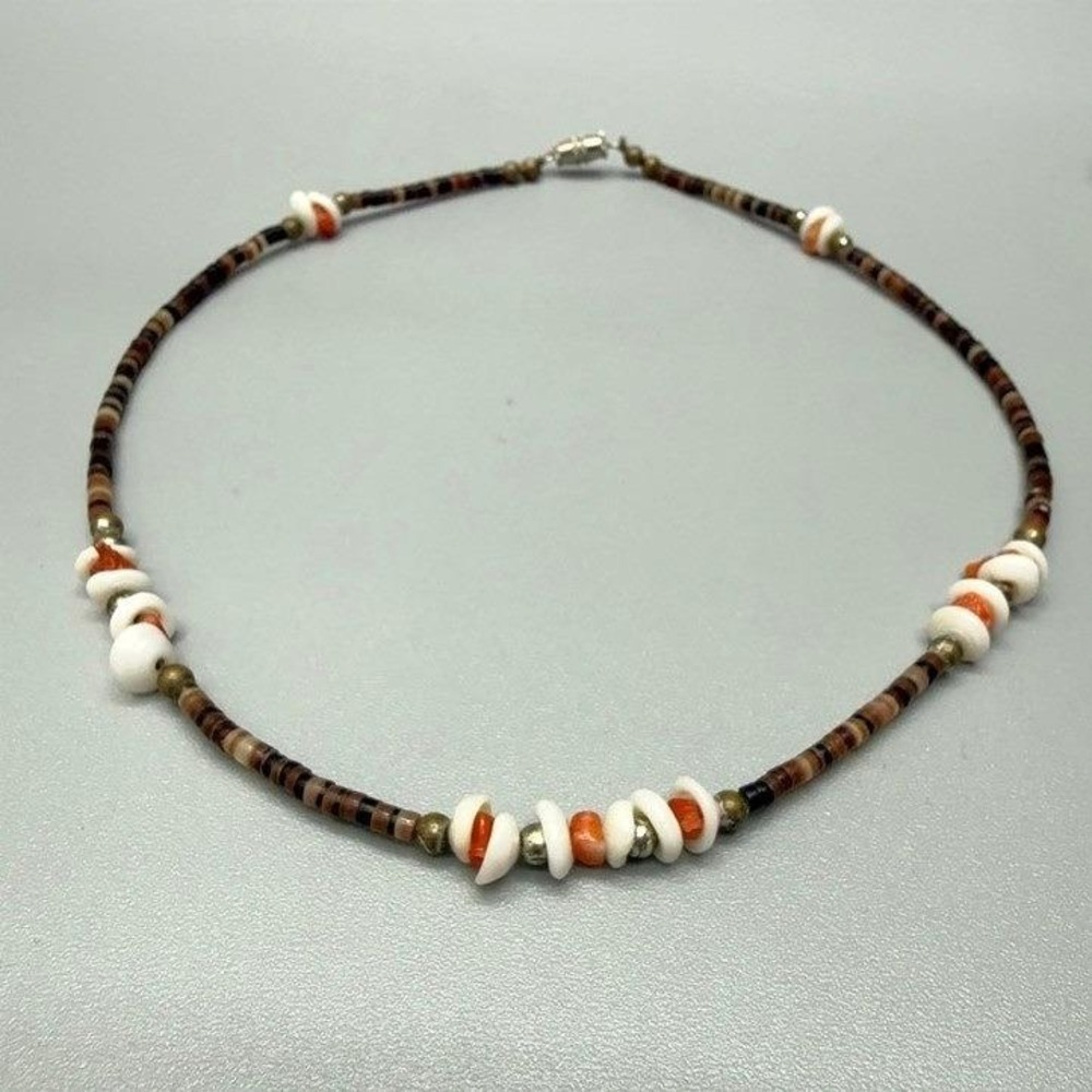 VTG Southwestern Heishi Puka Shell Coral Bead Choker Necklace 17" Boho Casual - Picture 3 of 7